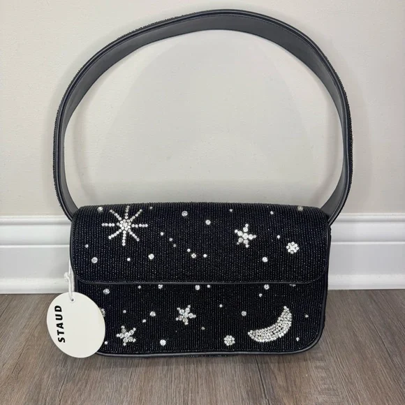 STAUD Tommy Beaded Black Starry Night Shoulder Bag Purse - Picture 2 of 16